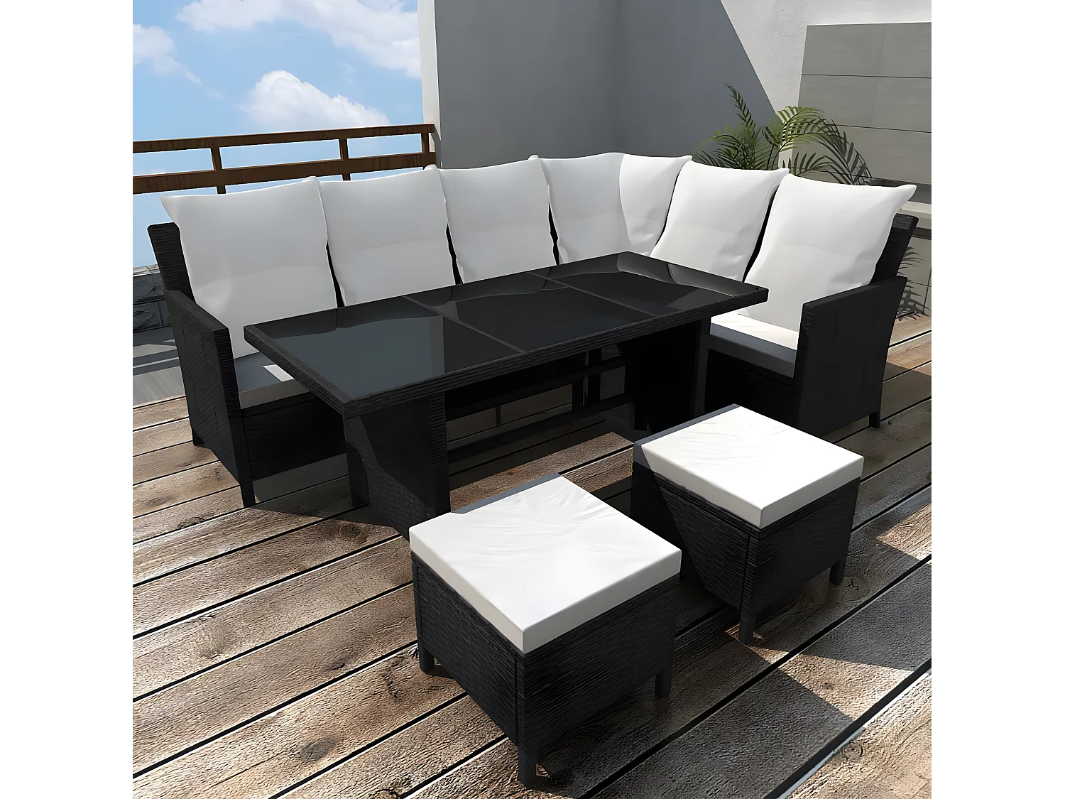 Set de muebles de jardín 4 piezas y cojines ratán sintético negro