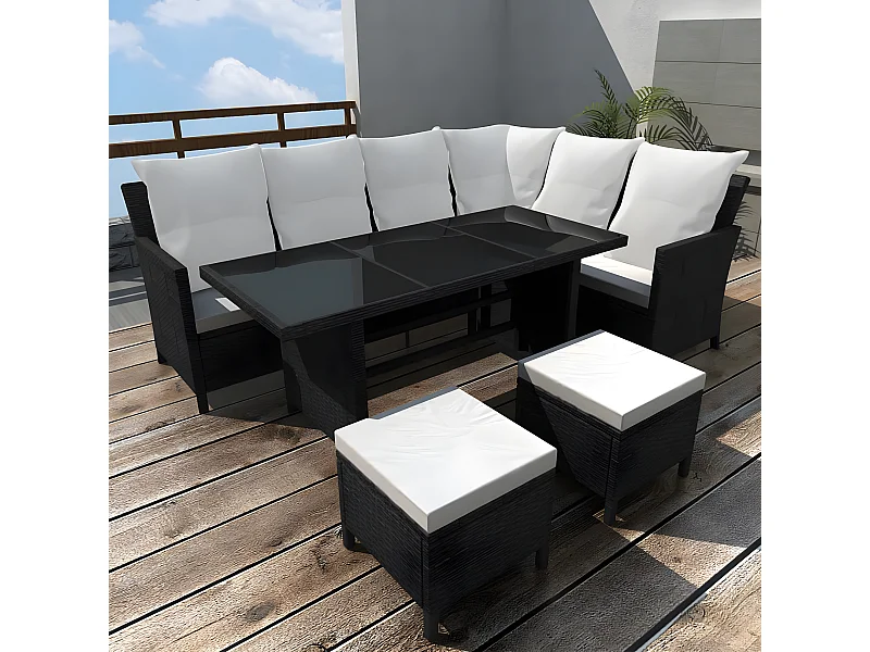 4-delige Loungeset met kussens poly rattan zwart