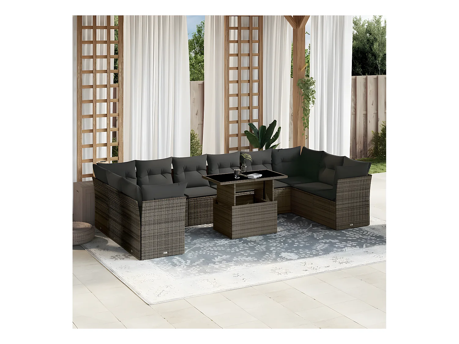 Salon de jardin 11 pièces avec coussins gris résine tressée