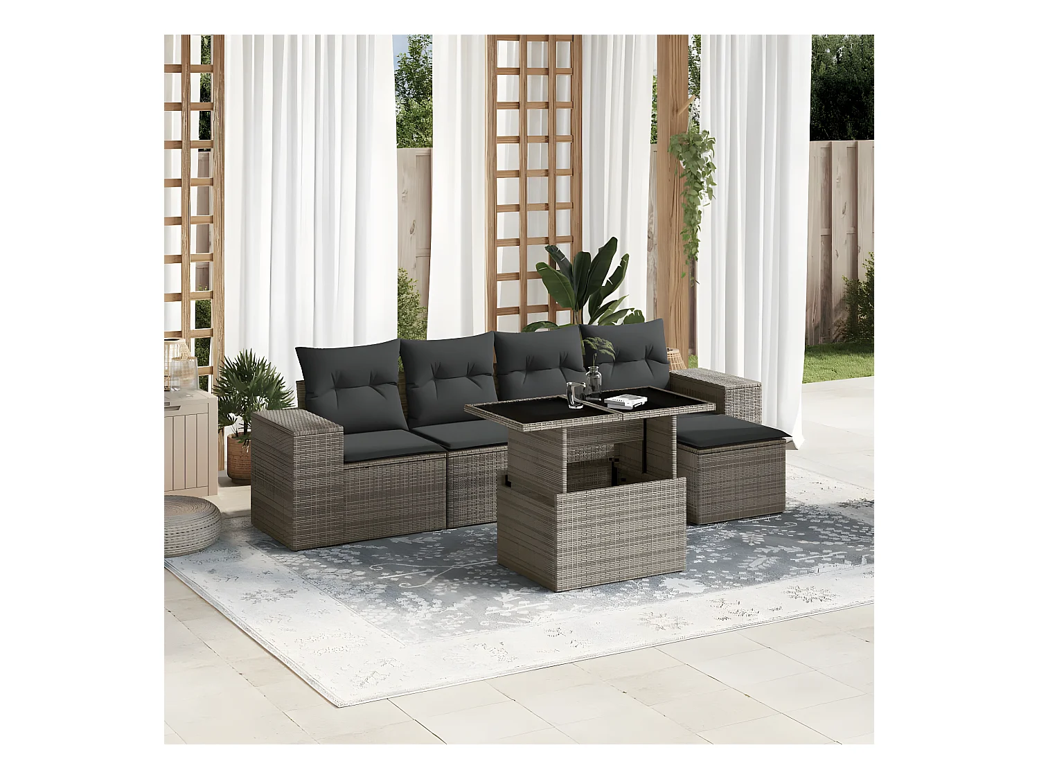 Salon de jardin 6 pièces avec coussins gris résine tressée