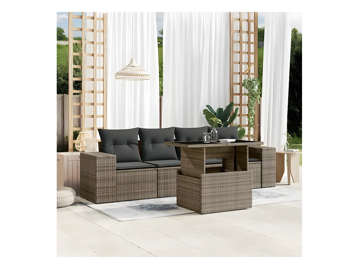 Salon de jardin 5 pièces avec coussins gris résine tressée