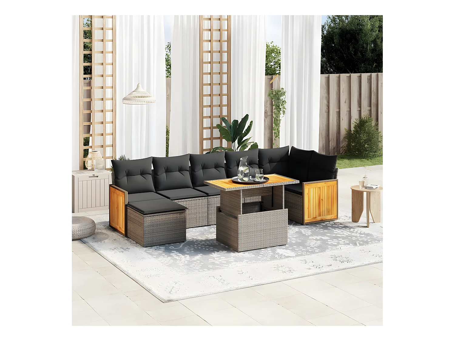 Salon de jardin 8 pièces avec coussins gris résine tressée