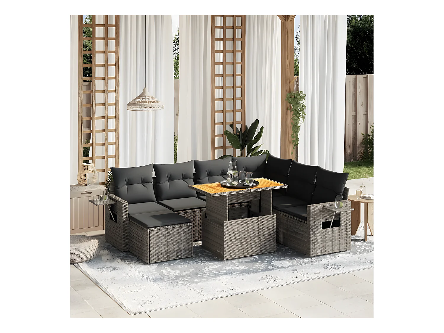 Salon de jardin 8 pièces avec coussins gris résine tressée