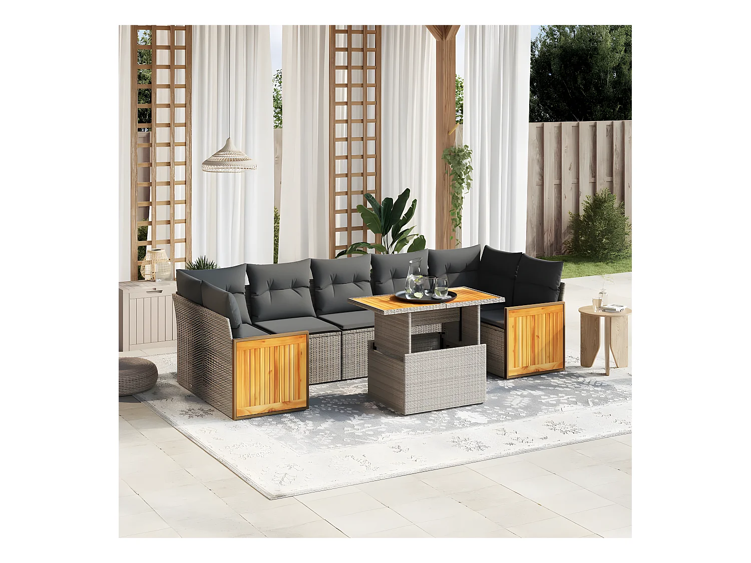 Salon de jardin 8 pièces avec coussins gris résine tressée