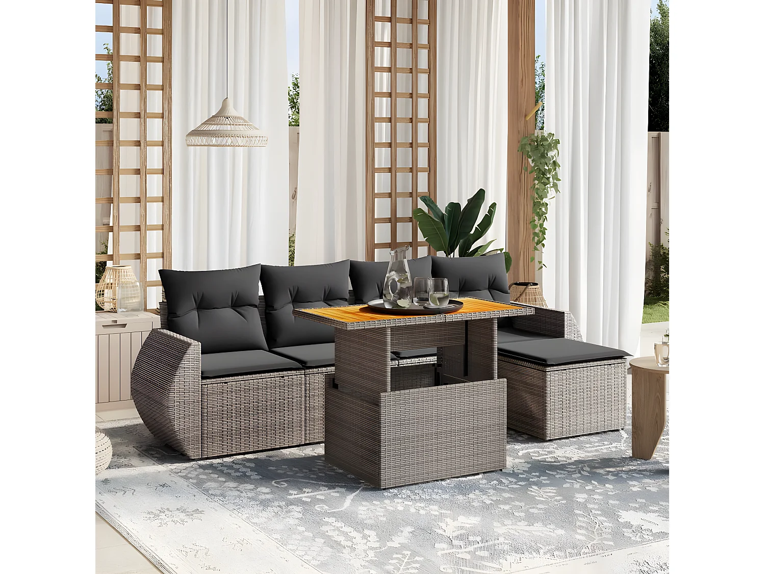 Salon de jardin 6 pièces avec coussins gris résine tressée