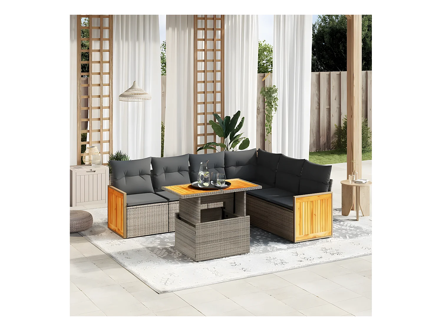 7 peças conjunto sofás p/ jardim c/ almofadões vime PE cinzento
