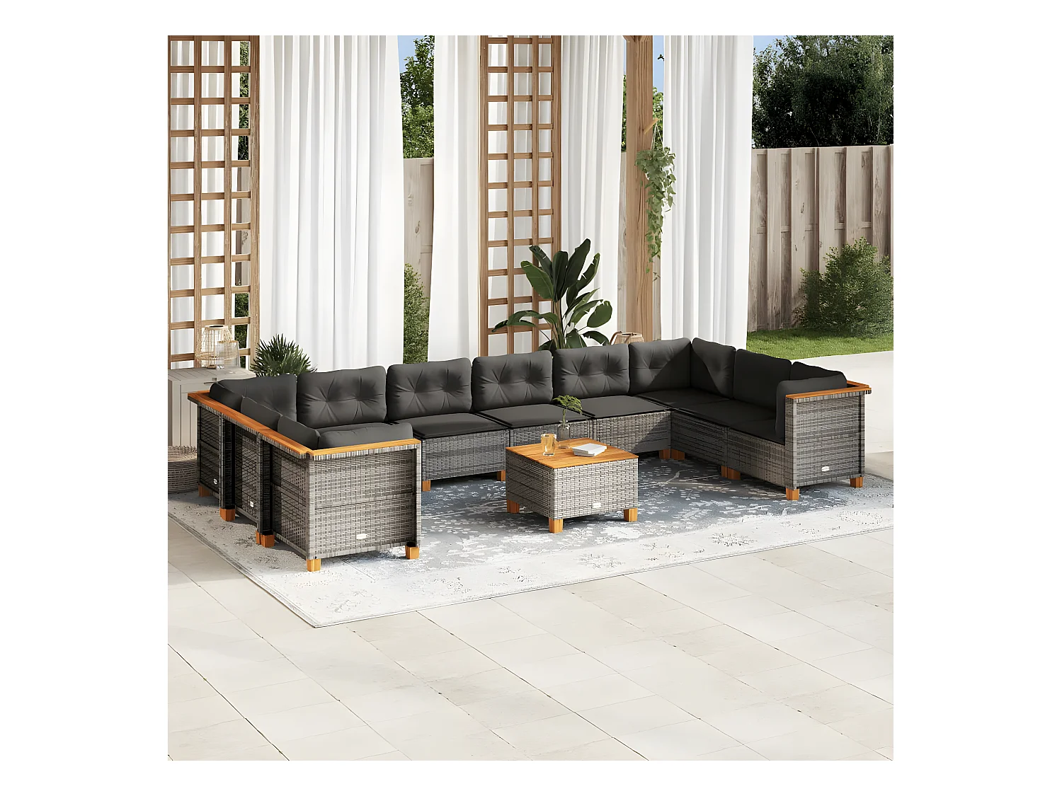 Salon de jardin 11 pièces avec coussins gris résine tressée