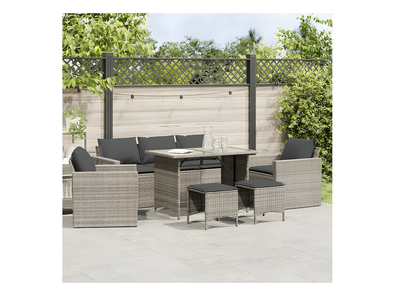 Salon de jardin 6 pièces avec coussins gris clair résine tressée