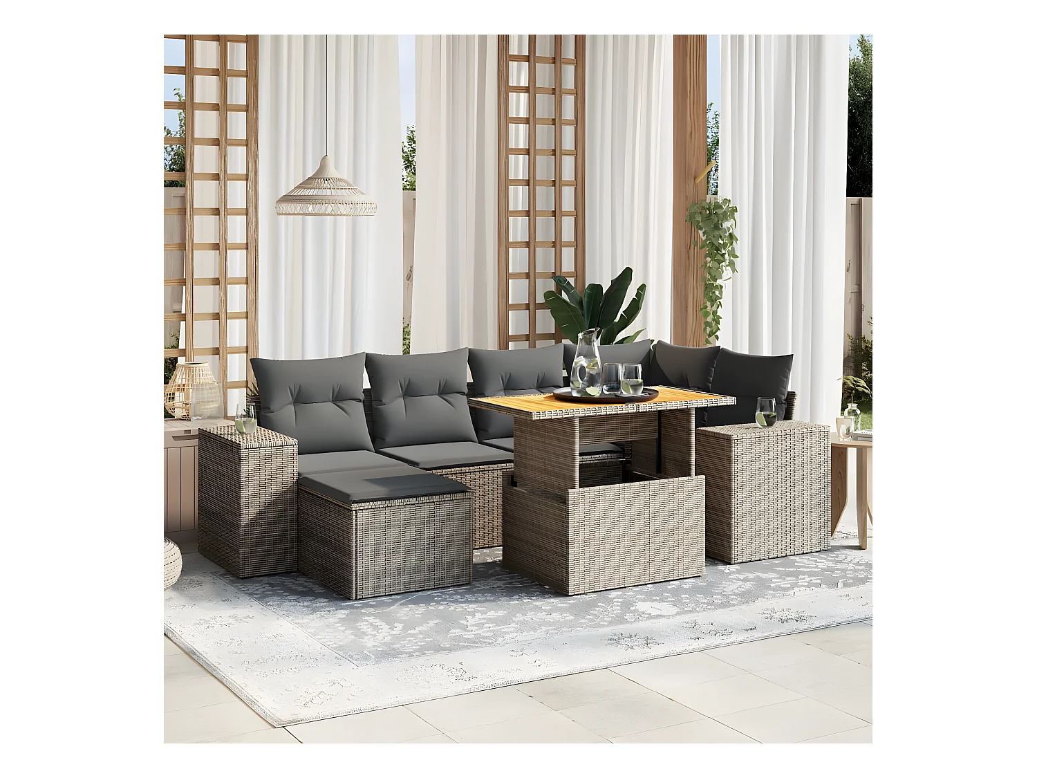 Salon de jardin avec coussins 7 pièces gris résine tressée