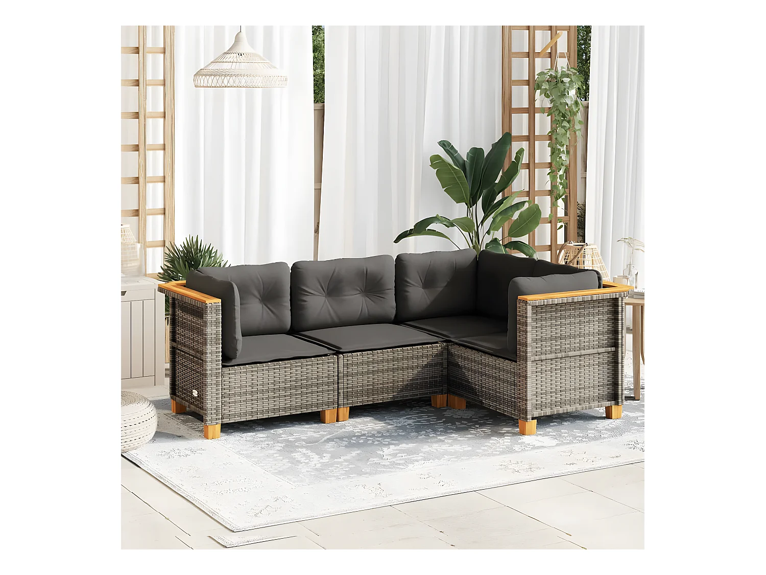 Salon de jardin 4 pièces avec coussins gris résine tressée