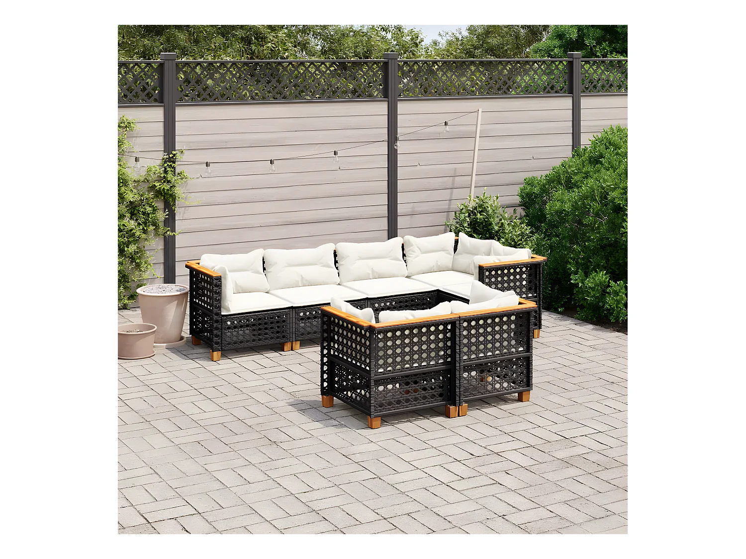 Salon de jardin 7 pièces avec coussins noir résine tressée