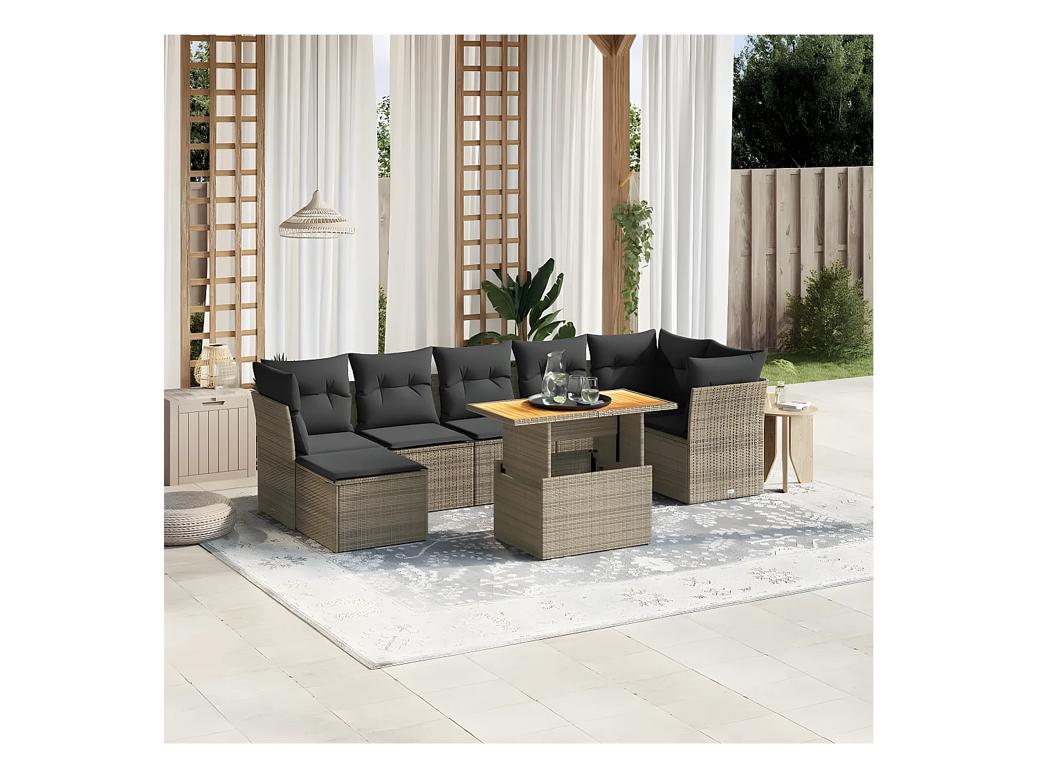 8-delige Loungeset met kussens poly rattan grijs