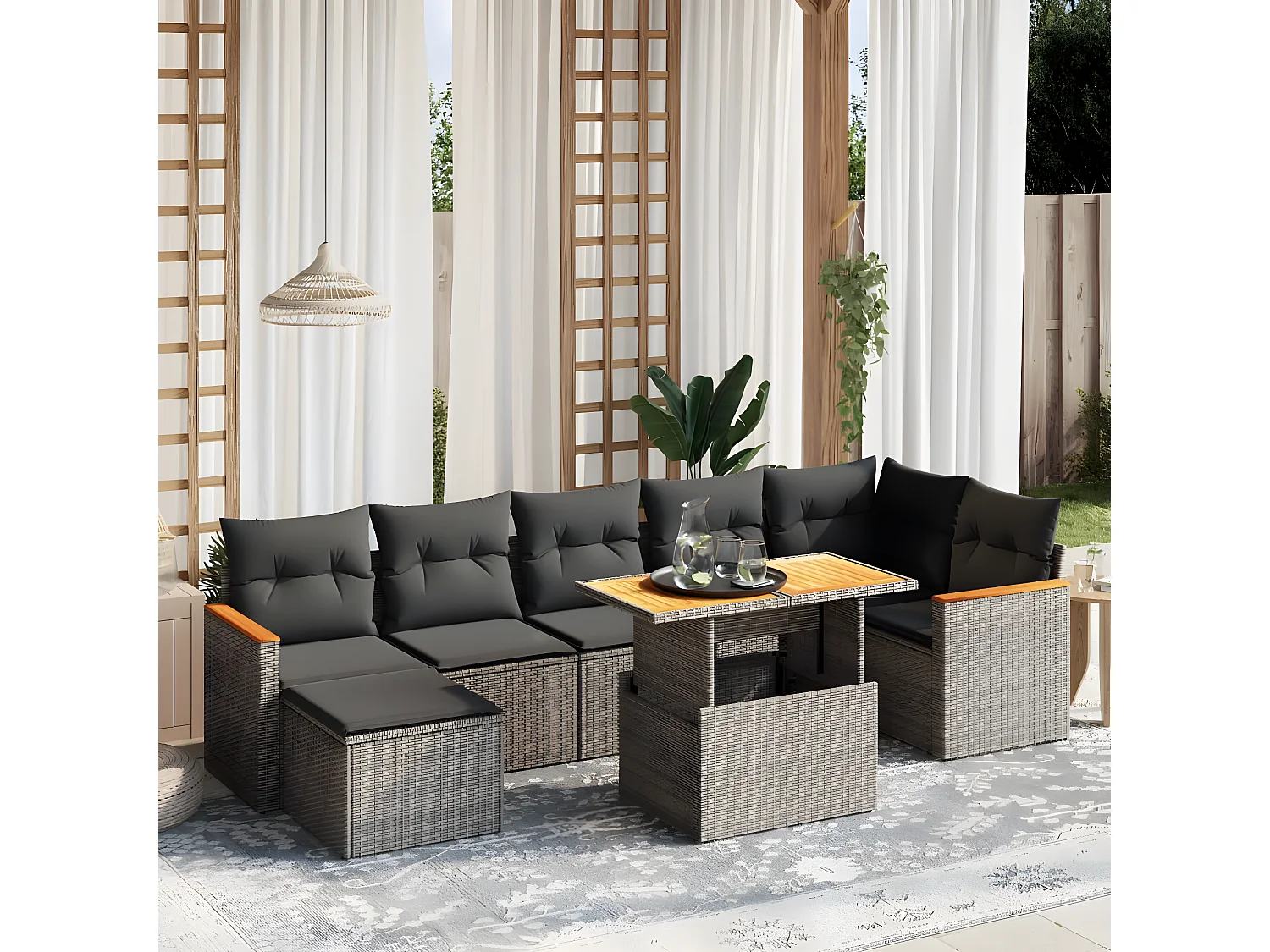 Set de sofás de jardín 8 piezas y cojines ratán sintético gris