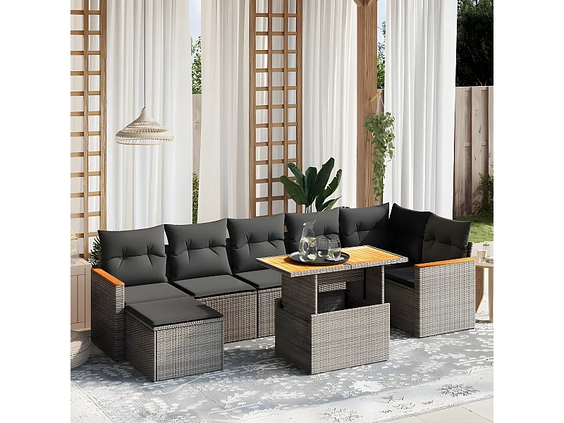 Salon de jardin 8 pièces avec coussins gris résine tressée