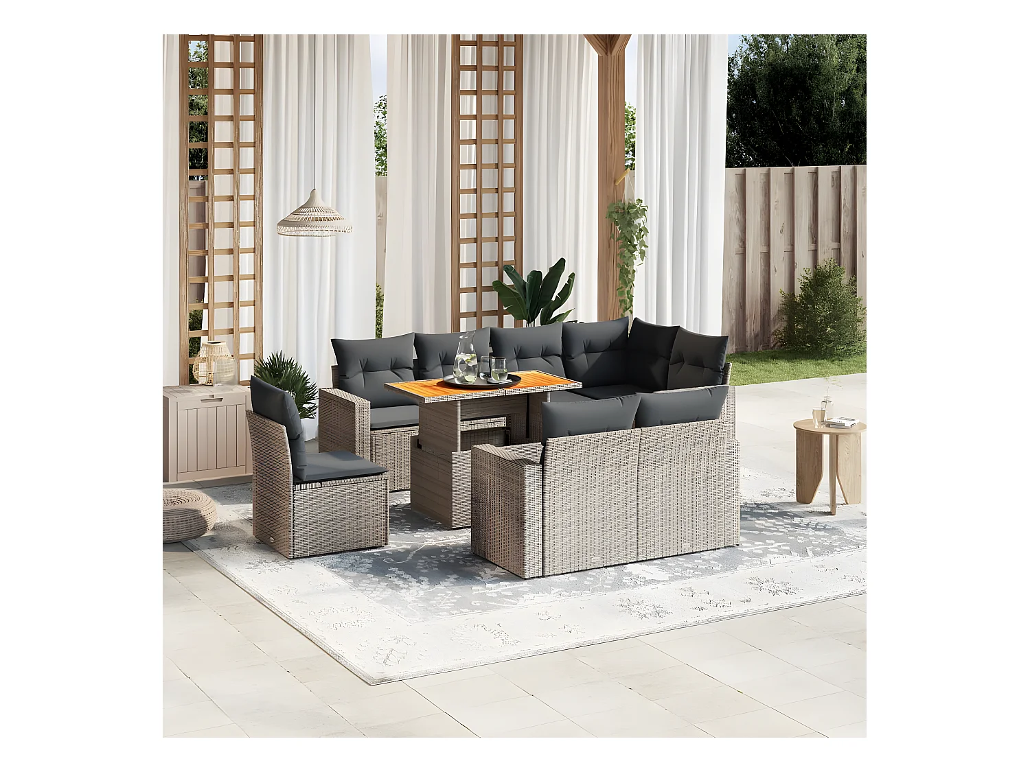 9-delige Loungeset met kussens poly rattan grijs