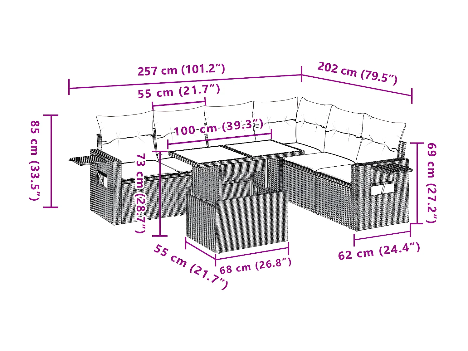 Salon de jardin avec coussins 7 pièces gris résine tressée
