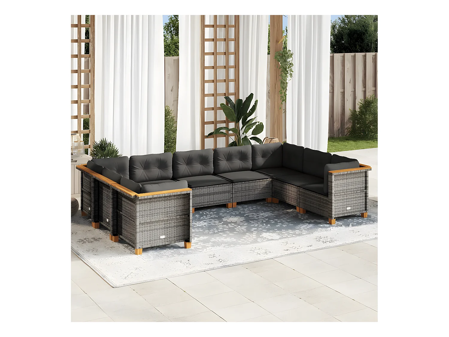 Salon de jardin 9 pièces avec coussins gris résine tressée