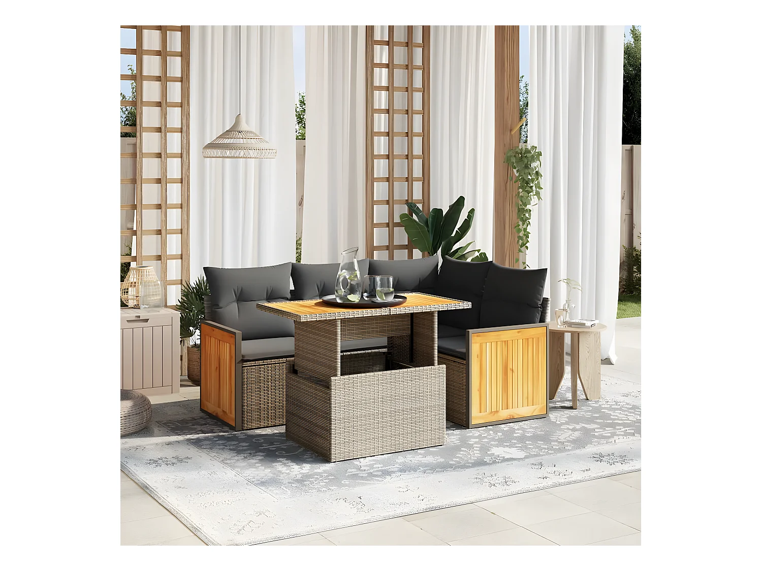 Salon de jardin 5 pièces avec coussins gris résine tressée