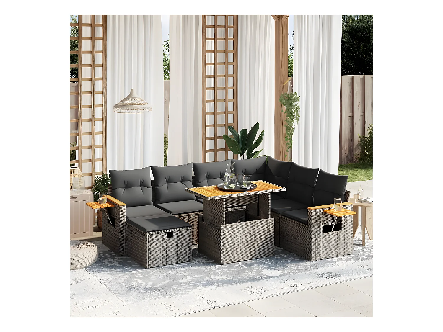 Salon de jardin 8 pièces avec coussins gris résine tressée