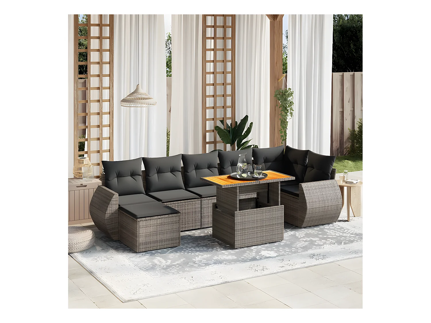 Salon de jardin 8 pièces avec coussins gris résine tressée