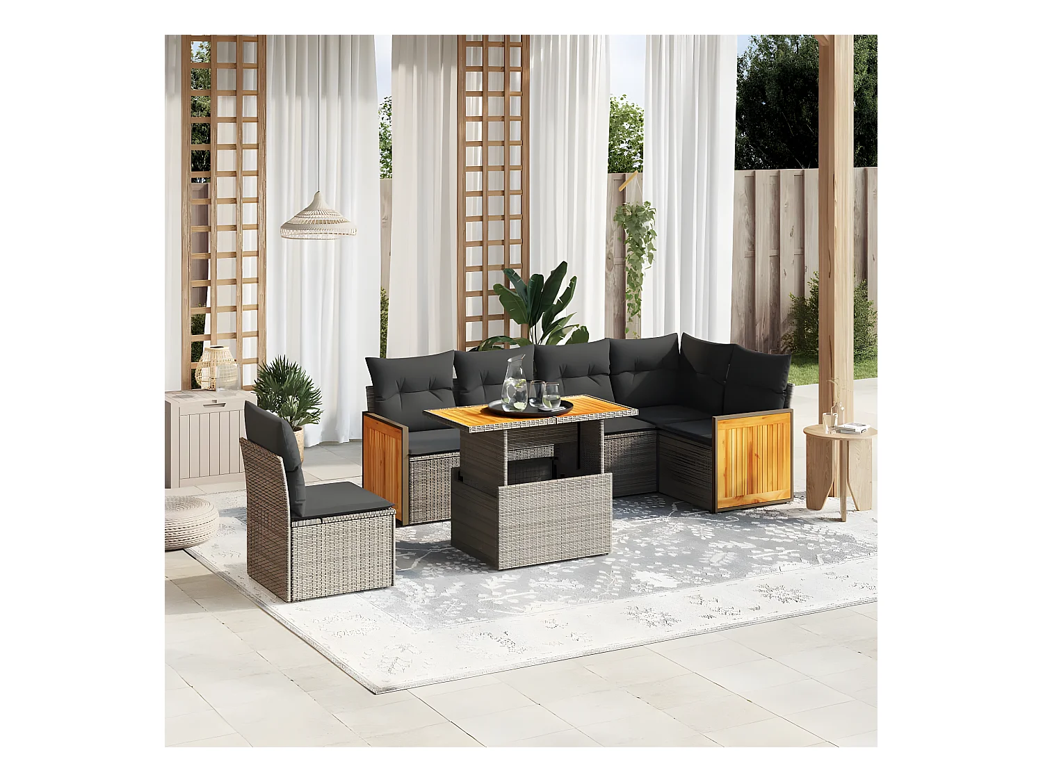 Salon de jardin avec coussins 7 pièces gris résine tressée