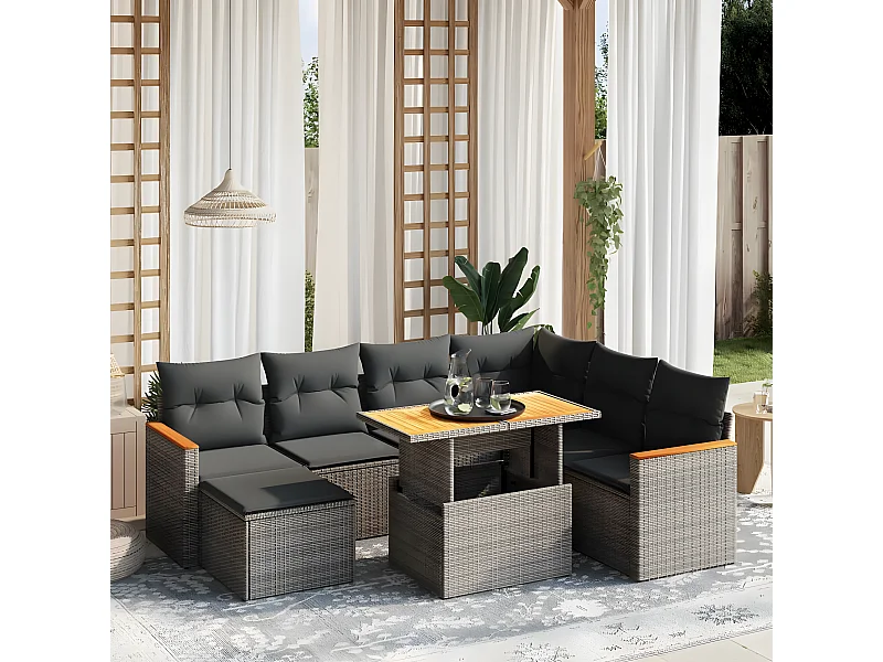 Salon de jardin 8 pièces avec coussins gris résine tressée