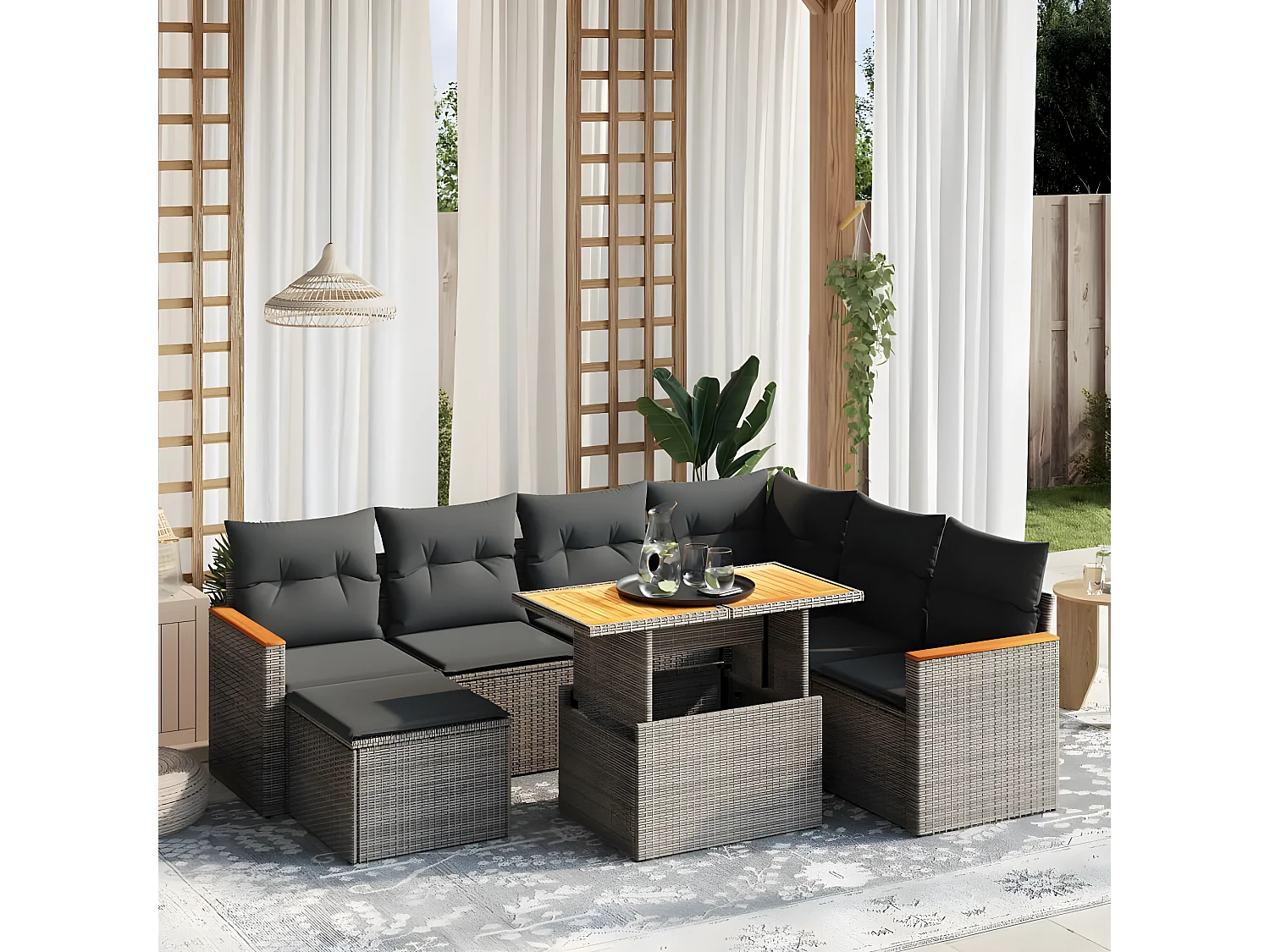 Set de sofás de jardín 8 piezas y cojines ratán sintético gris