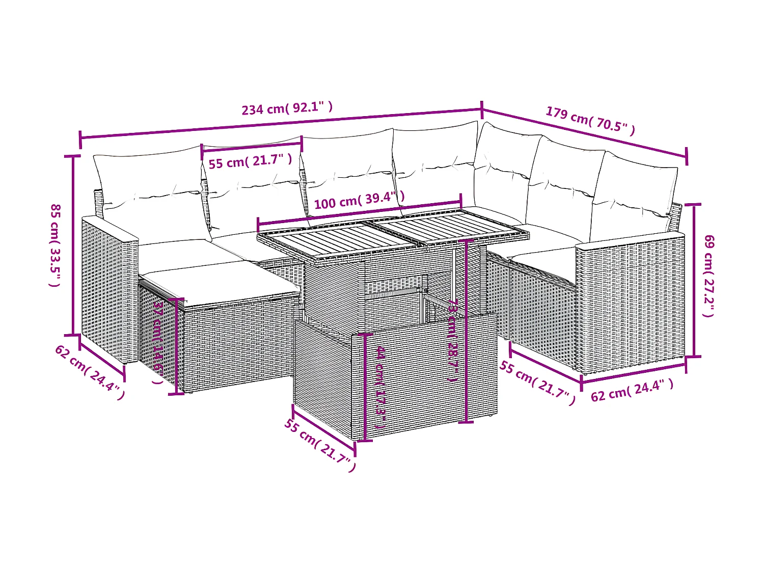 Set de sofás de jardín 8 piezas y cojines ratán sintético gris