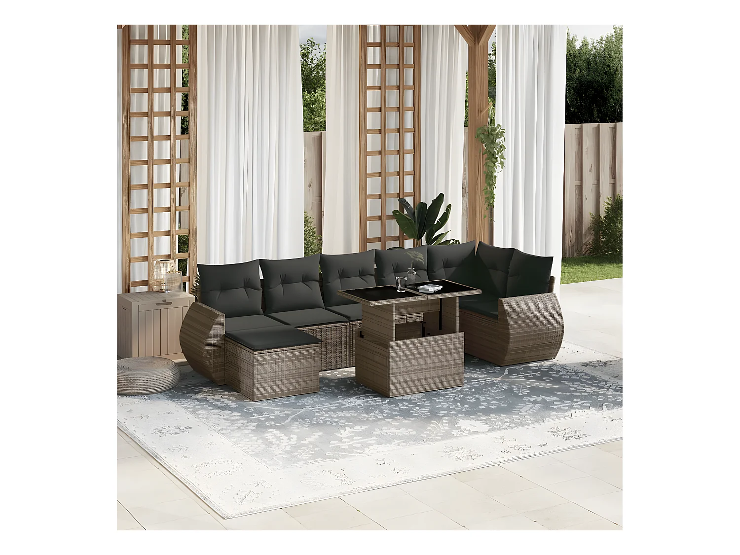 8-delige Loungeset met kussens poly rattan grijs