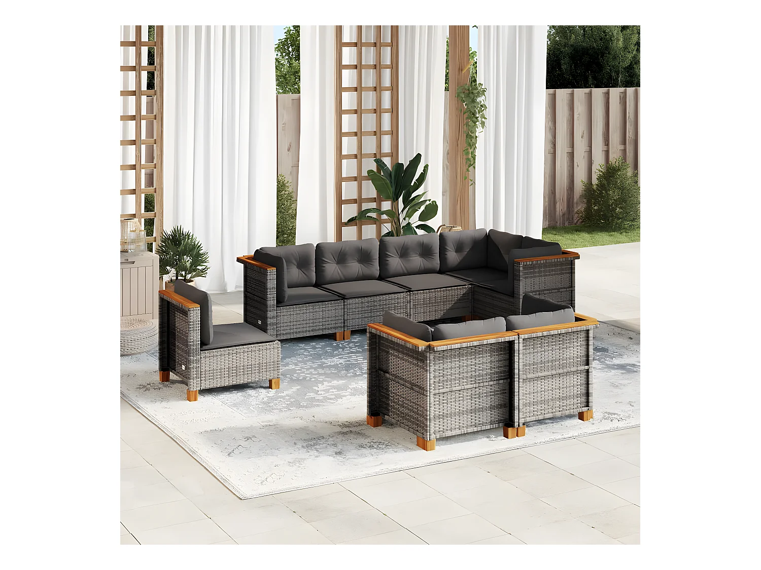 Salon de jardin 8 pièces avec coussins gris résine tressée