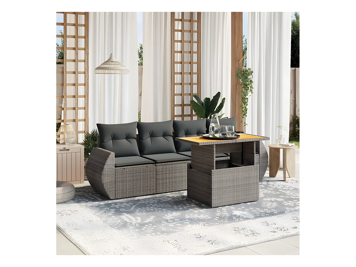Salon de jardin 5 pièces avec coussins gris résine tressée