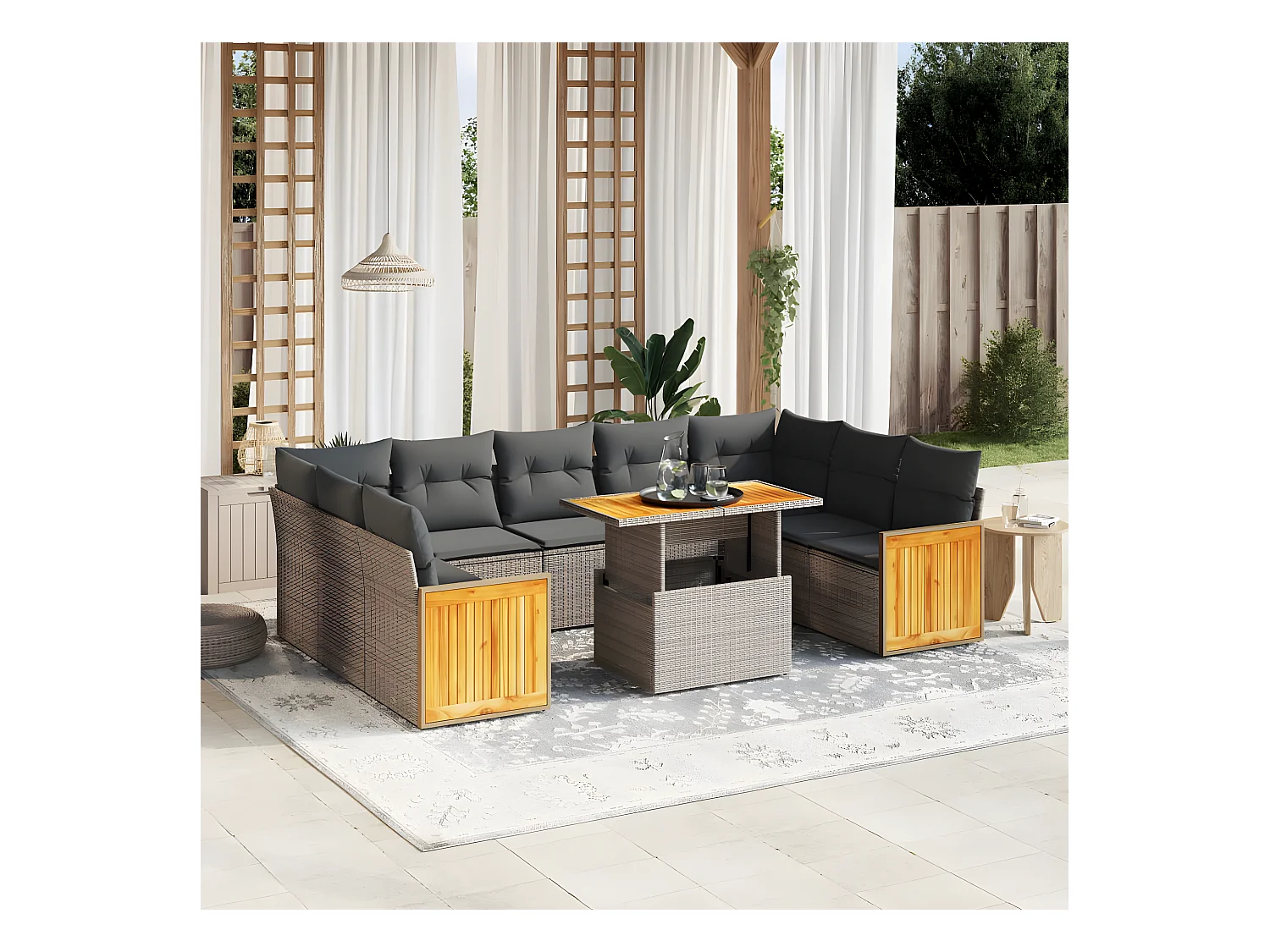 Salon de jardin avec coussins 10 pièces gris résine tressée