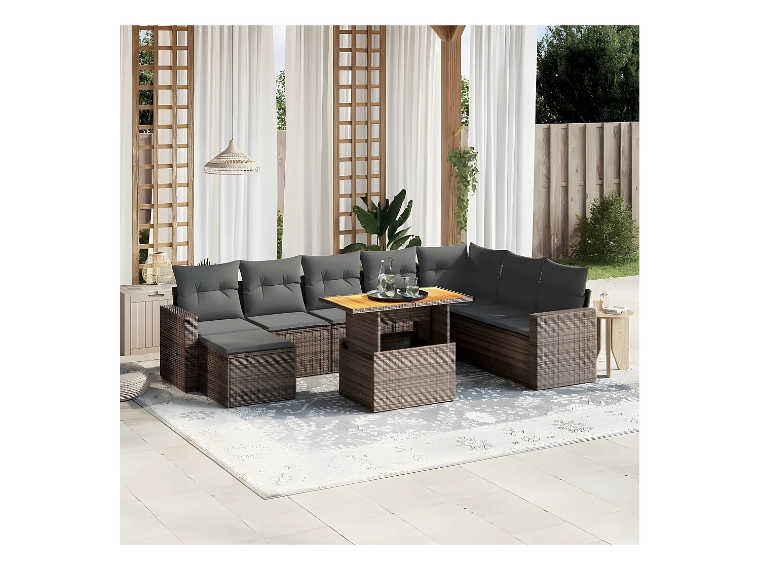Salon de jardin 9 pièces avec coussins gris résine tressée