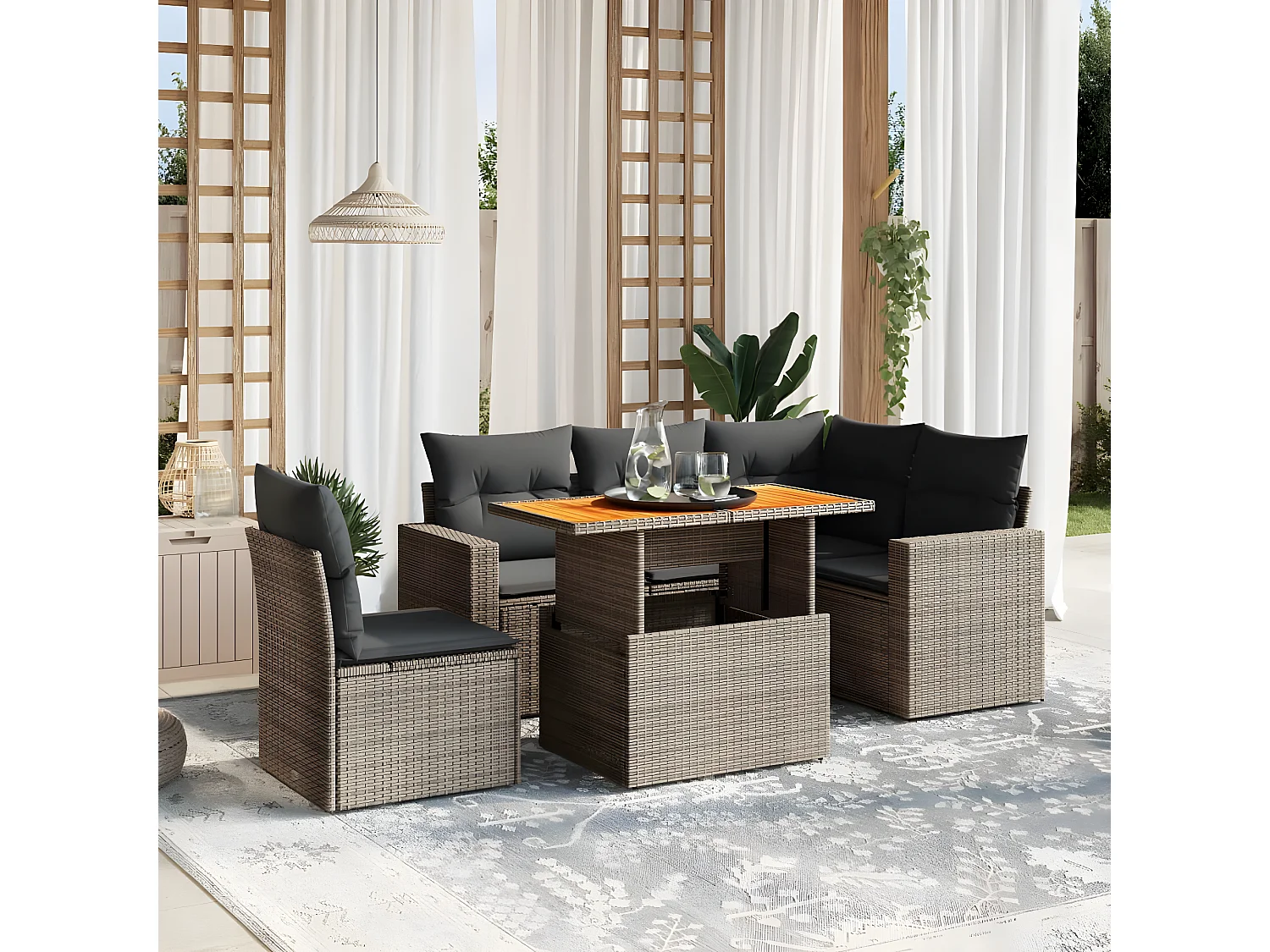 Set de muebles de jardín 6 piezas y cojines ratán sintético gris