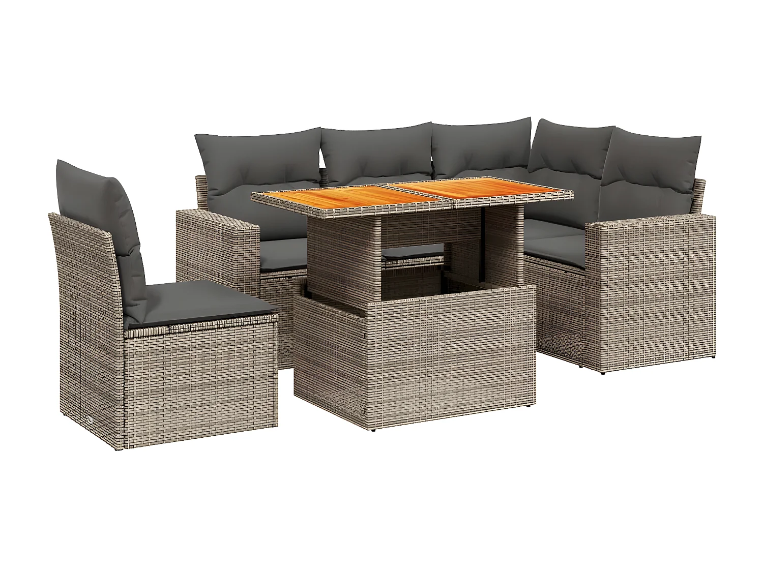 Set de muebles de jardín 6 piezas y cojines ratán sintético gris