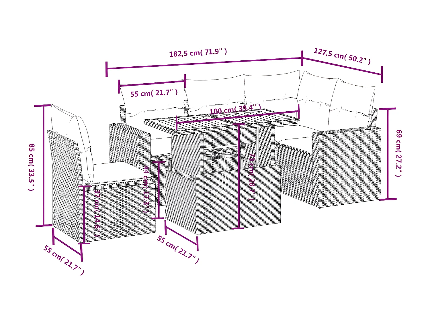 Set de muebles de jardín 6 piezas y cojines ratán sintético gris