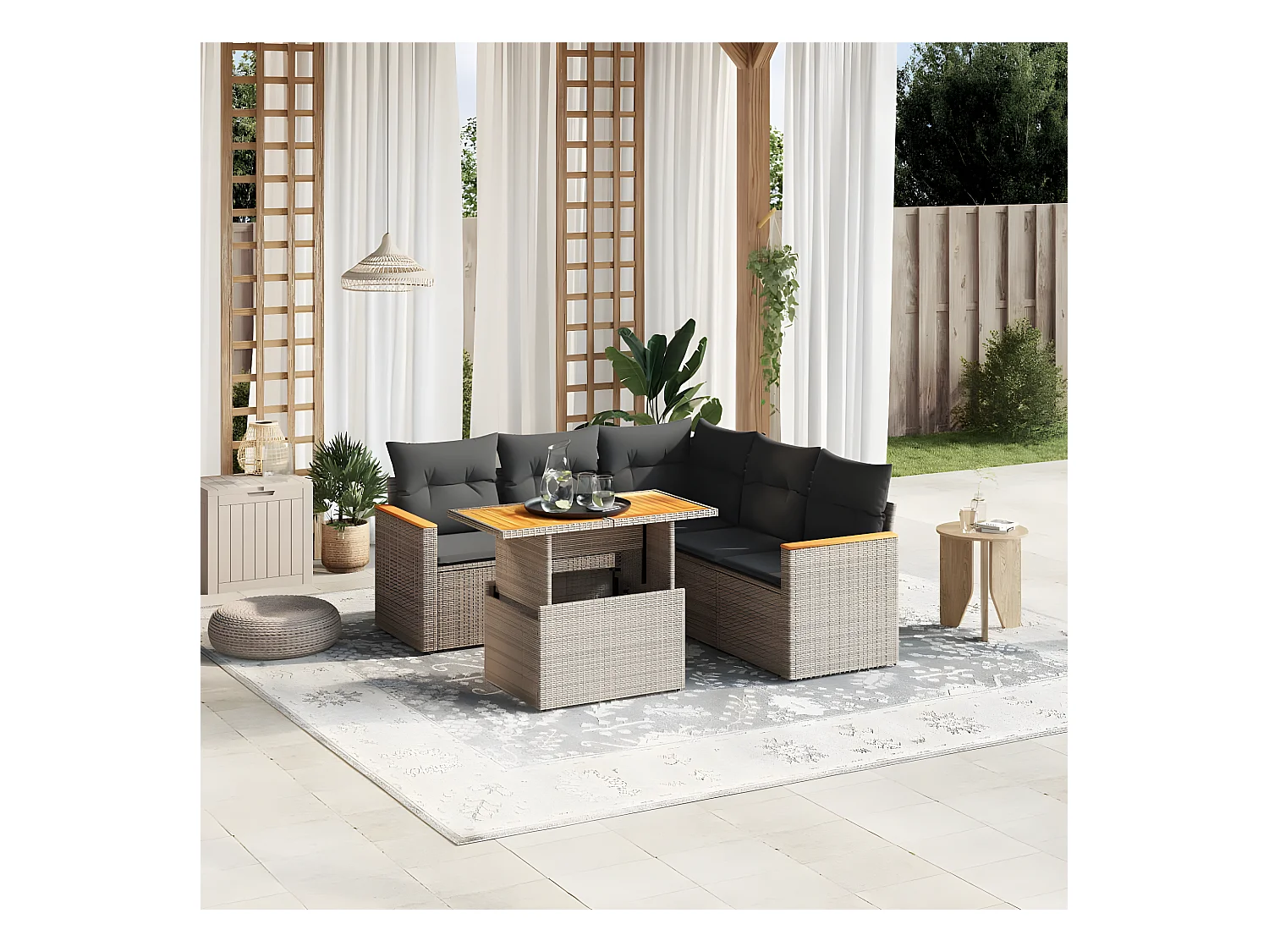 Salon de jardin 6 pièces avec coussins gris résine tressée