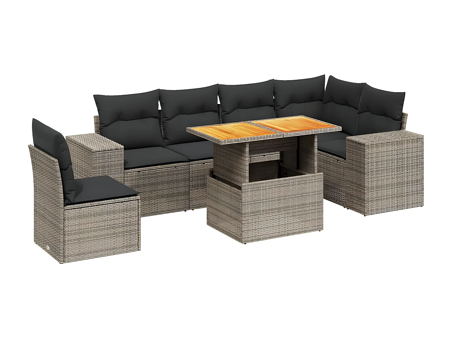 7 peças conjunto sofás p/ jardim c/ almofadões vime PE cinzento