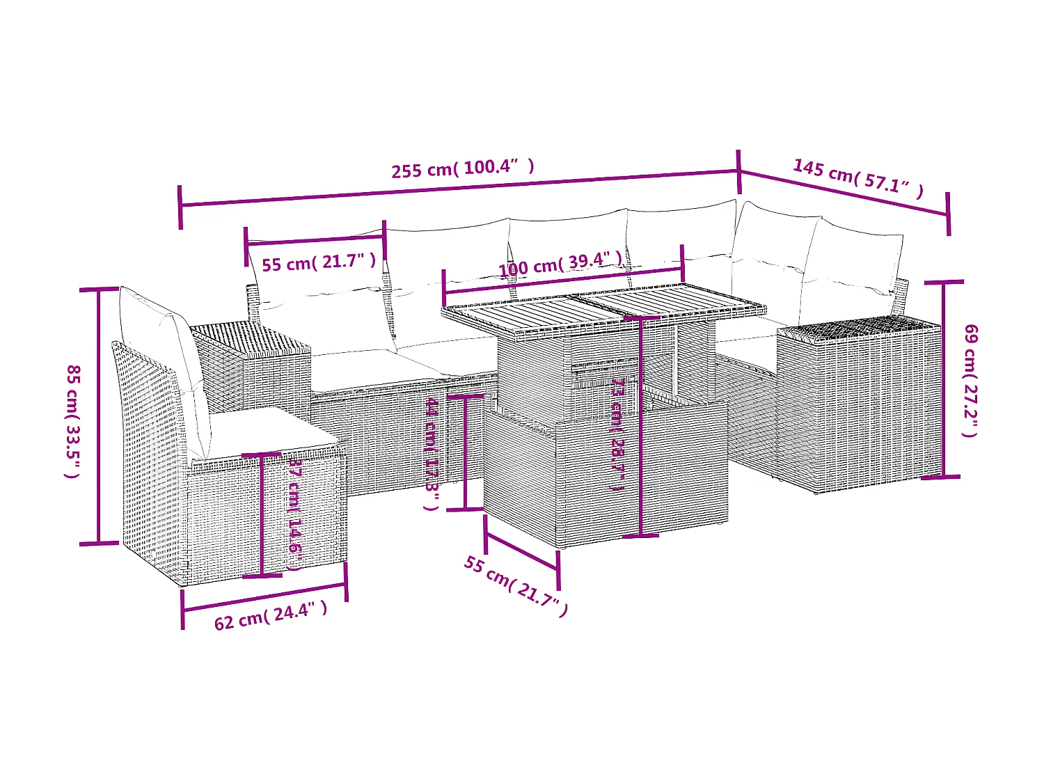 7 peças conjunto sofás p/ jardim c/ almofadões vime PE cinzento