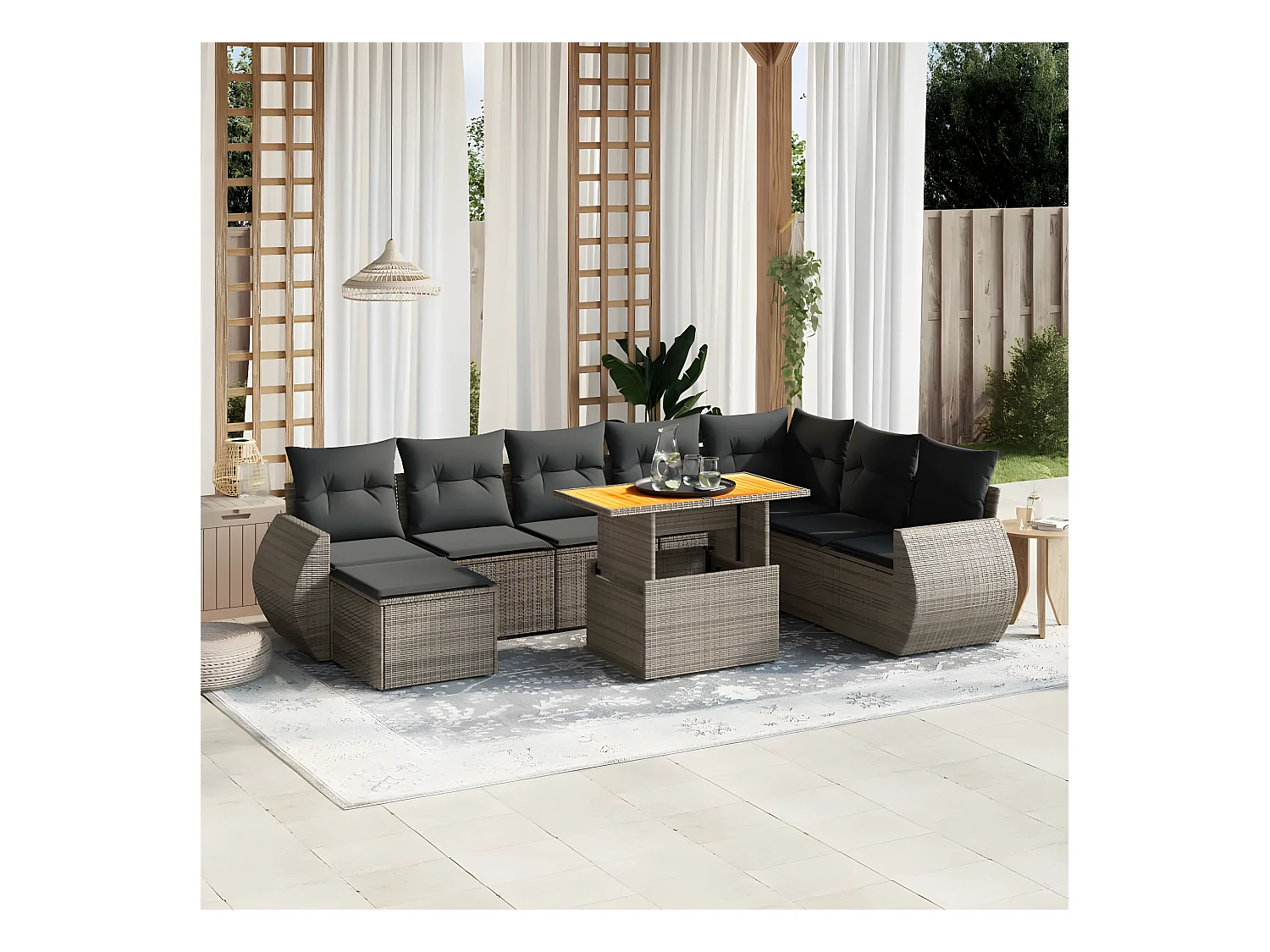 Salon de jardin 9 pièces avec coussins gris résine tressée