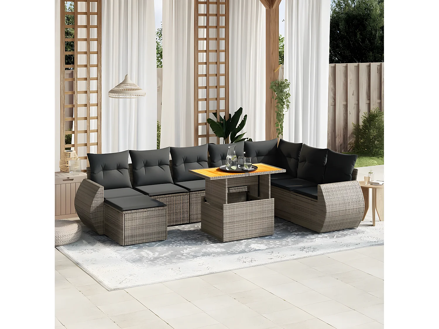 Set de muebles de jardín 9 piezas y cojines ratán sintético gris