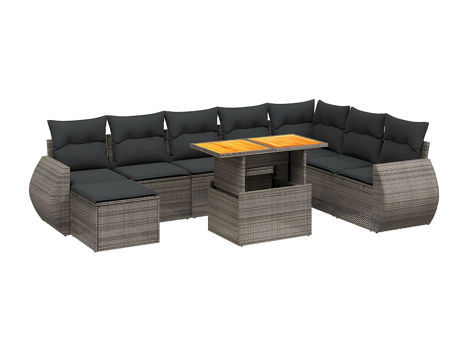 Set de muebles de jardín 9 piezas y cojines ratán sintético gris