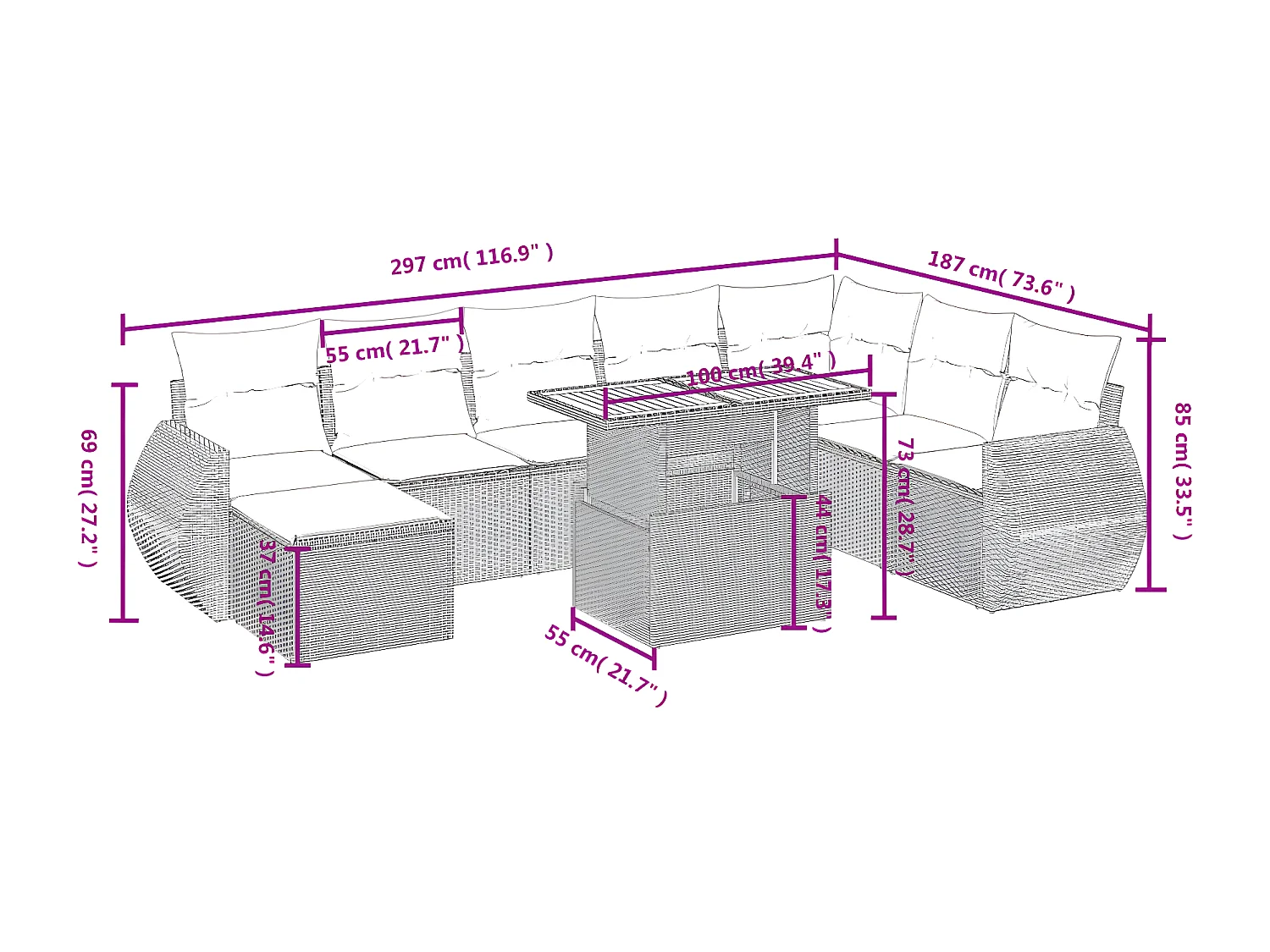 Set de muebles de jardín 9 piezas y cojines ratán sintético gris