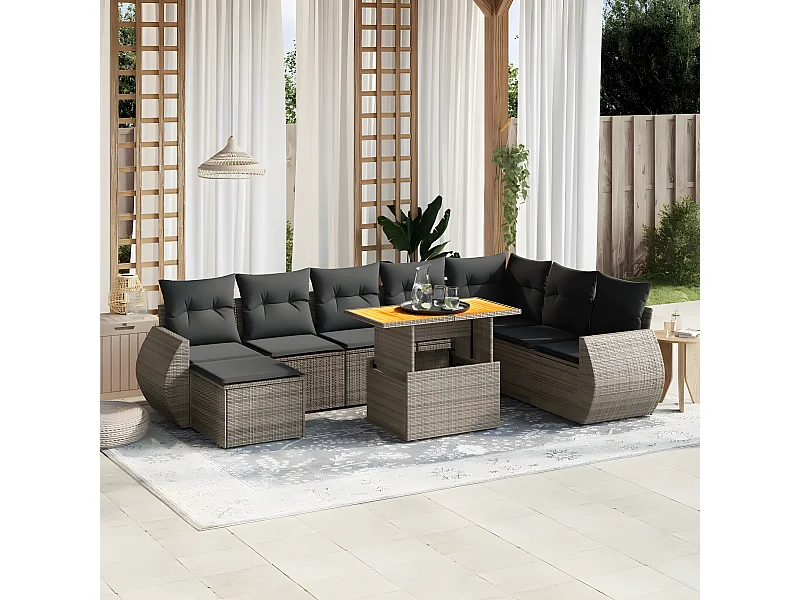 Set de muebles de jardín 9 piezas y cojines ratán sintético gris
