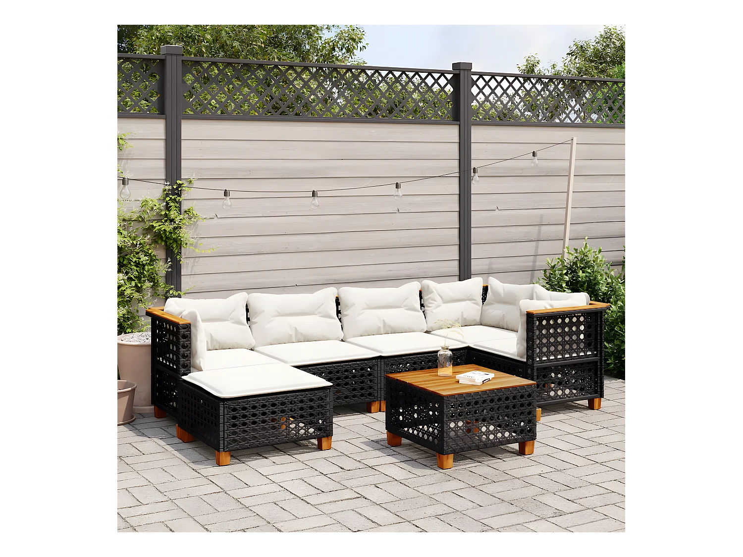 Salon de jardin 7 pièces avec coussins noir résine tressée