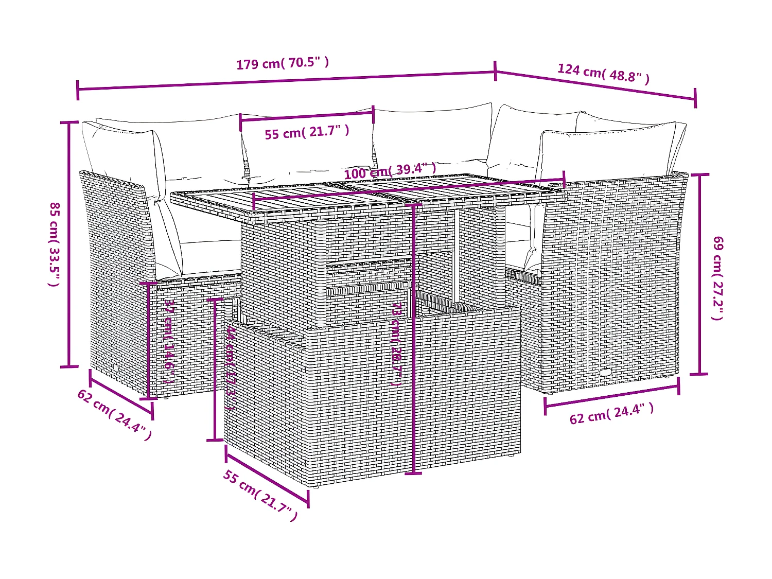 Salon de jardin 5 pièces avec coussins gris résine tressée