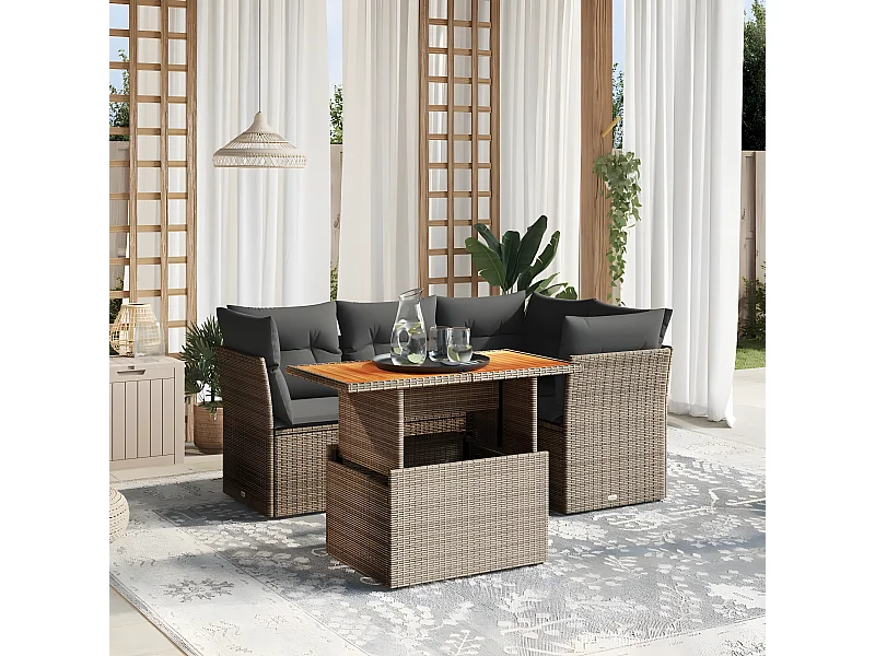 Salon de jardin 5 pièces avec coussins gris résine tressée