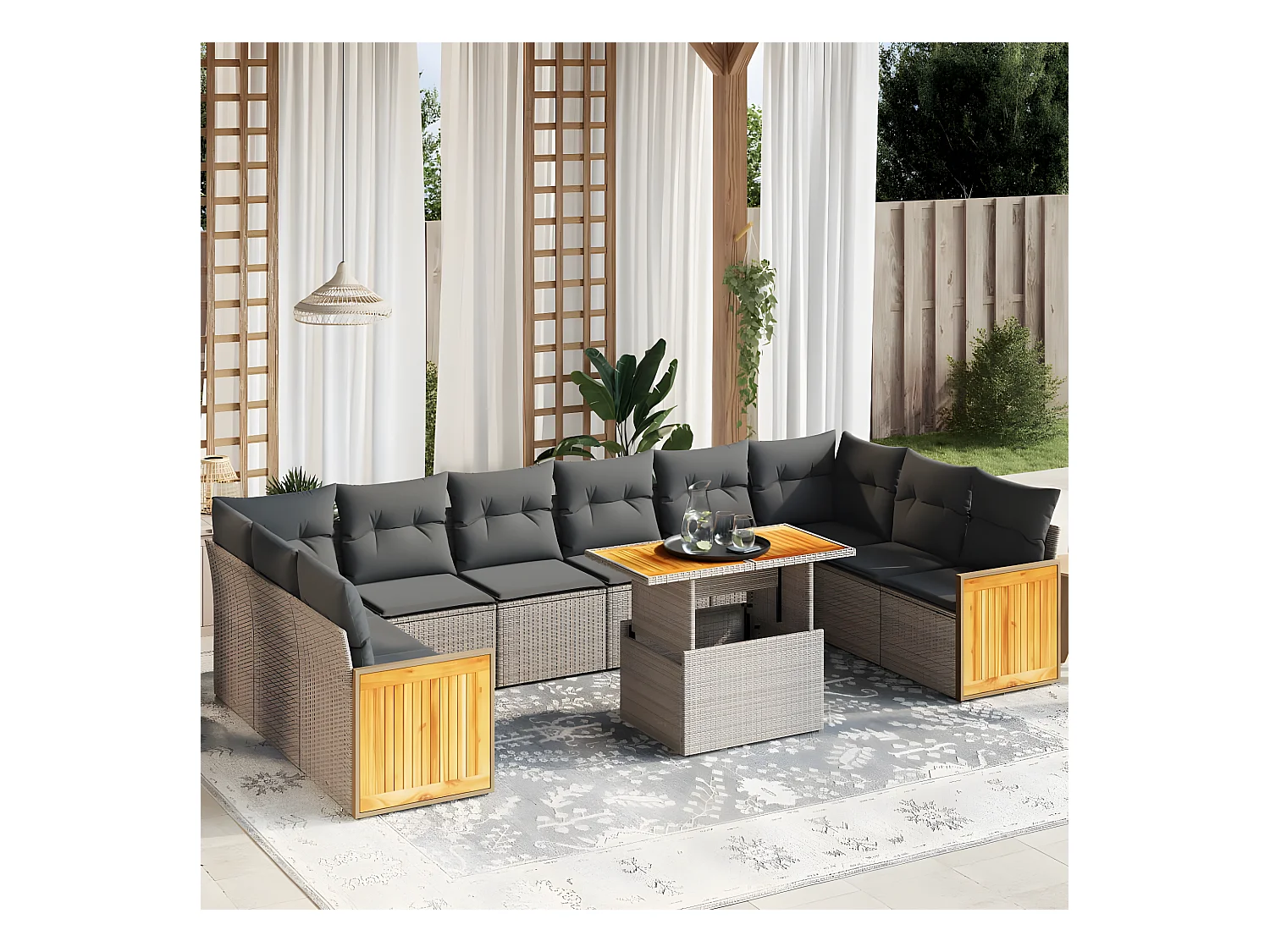 Set de sofás de jardín 11 piezas y cojines ratán sintético gris
