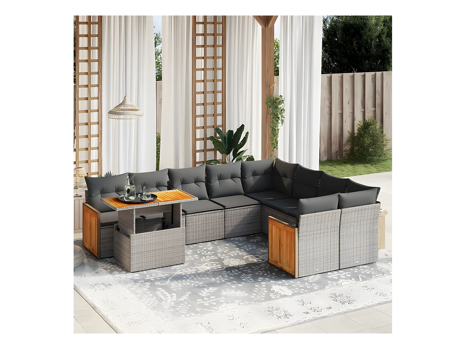 10 peças conjunto sofás de jardim c/ almofadões vime PE cinzento