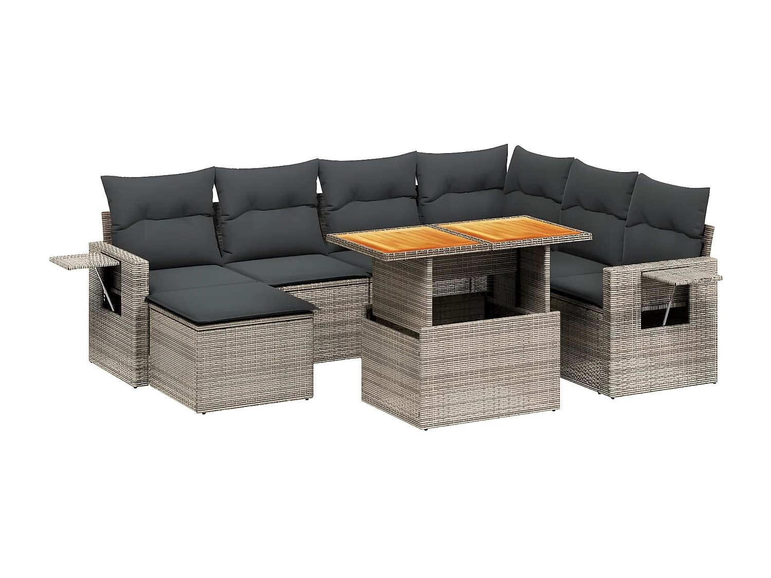 Salon de jardin 8 pièces avec coussins gris résine tressée